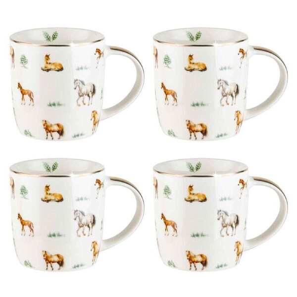 4PK LMD Horses Farm Lane New Bone China Tea/Coffee Mug Drinkware 360ml White