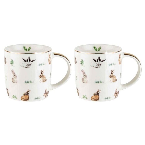 2PK LMD Bunnies Farm Lane New Bone China Tea/Coffee Mug Drinkware 360ml White