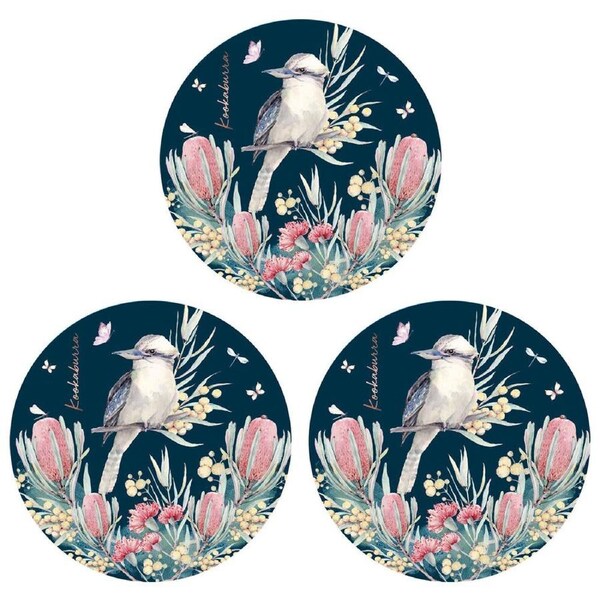 3PK LMD Kookaburra Ceramic Surface Protector Trivet Home Decor Round 25cm Navy
