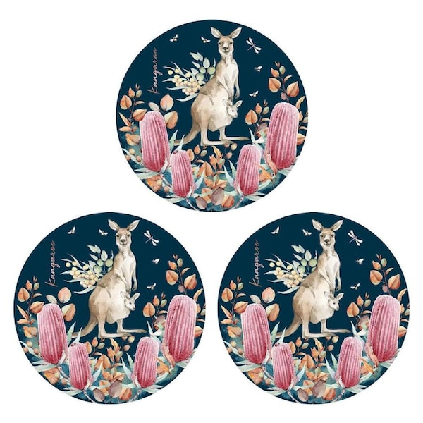 3PK LMD Kangaroo Ceramic Surface Protector Trivet Home Decor Round 25cm Navy