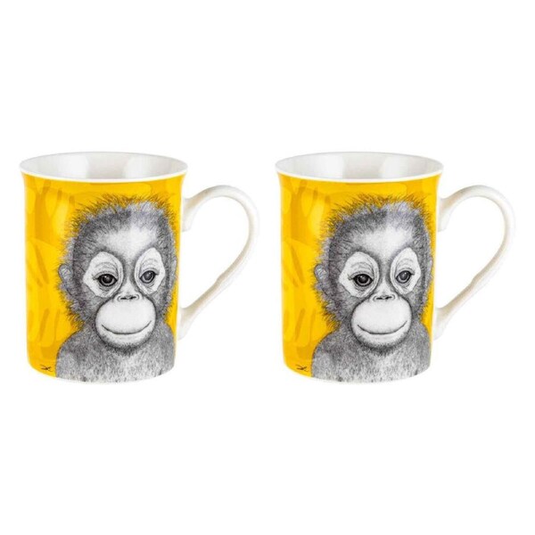 2PK LMD Dots By Donna Ollie The Orangutan New Bone China Mug Teacup 360ml Yellow