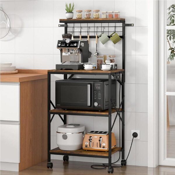 Advwin Kitchen Bakers Rack with Power Outlet 4 Tiers Microwave Stand Kitchen Storage Shelf 60*40*130cm Rustic Brown