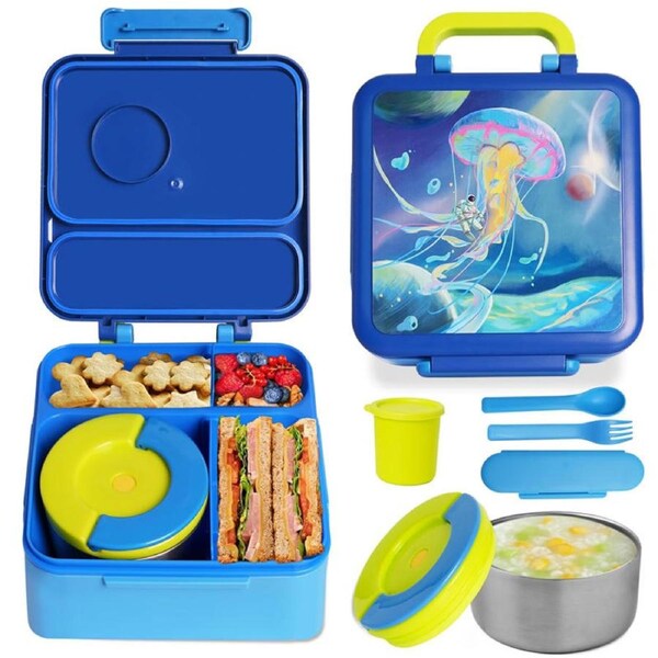 Nevenka Kids Insulated Bento Box 4 Compartment Place Hot Cold Food for School Travel-Blue