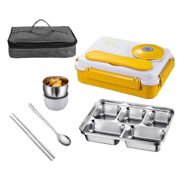 Nevenka 316 Stainless Steel Lunch Box With 5 Compartments Bento Container-Yellow
