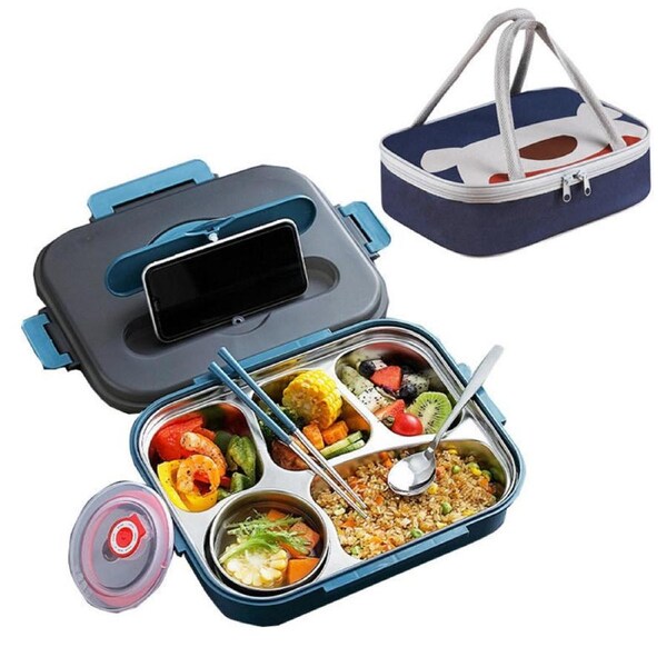 Nevenka 2200ml Insulated Bento Lunch Box 5 Sections with Thermo Bag Tableware for Kids Adults-Blue