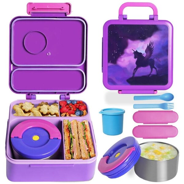 Nevenka Kids Insulated Bento Box 4 Compartment Place Hot Cold Food for School Travel-Purple