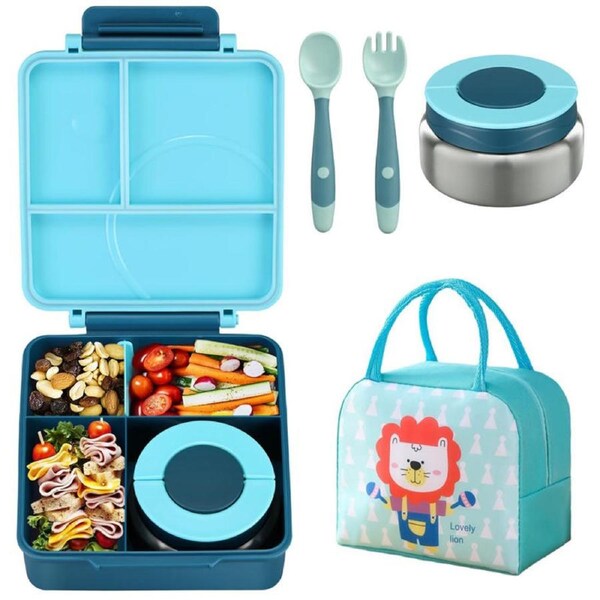 Nevenka Bento Lunch Box Set with 4 Compartment Kids Thermo Hot Food Jar and Insulated Lunch Bag-Blue