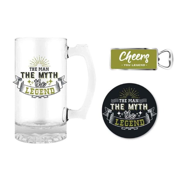 3pc LMD The Man The Myth 490ml Stein Glass Mug/Bottle Opener/Coaster Drink Pad