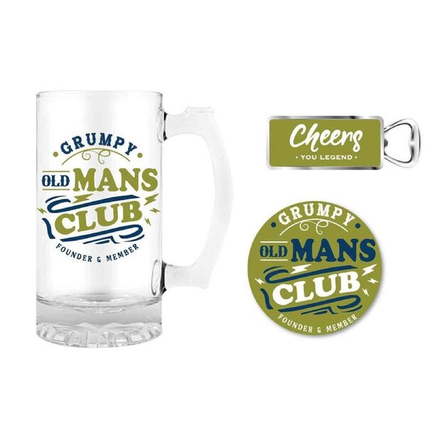 3pc LMD Grumpy Old Mans 490ml Stein Glass Mug/Bottle Opener/Coaster Drink Pad