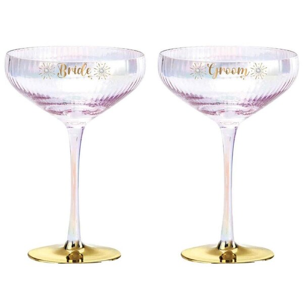 2pc LMD Holographic Bride & Groom 280ml Stemmed Champagne Coupe Glass Set