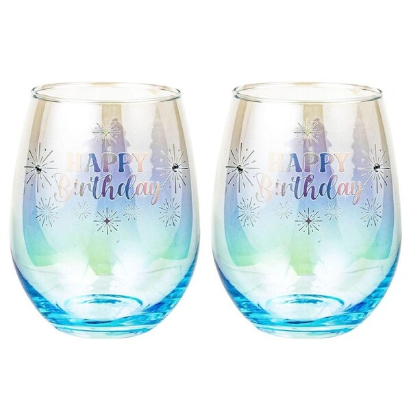 2PK LMD Happy Birthday Stemless Holographic Glass 560ml Water/Juice Tumbler