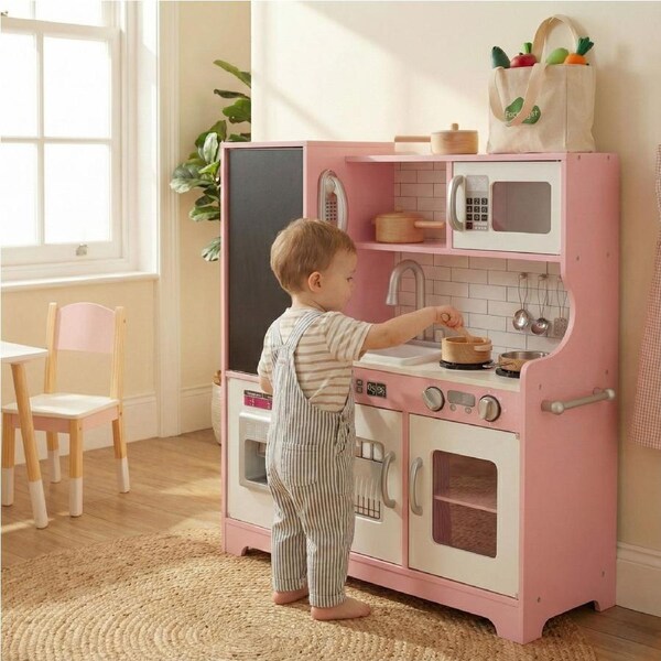 BoPeep 80x75x24cm Kids Wooden Kitchen Play Set Pretend Cooking Toy with Accessories