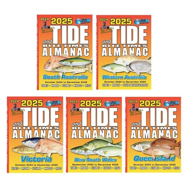 5pc AFN 2025 Tide & Bite Time NSW/QLD/SA/VIC/WA Outdoor Fishing Guide Combo Set