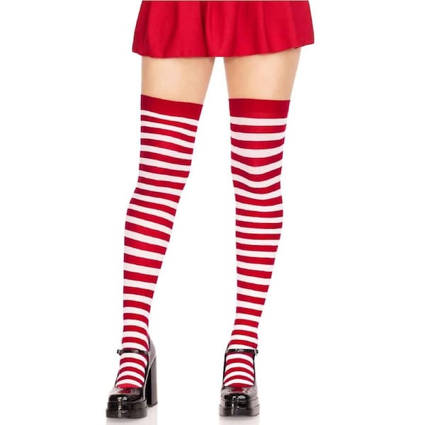 White & Red Stripe Thigh High Stockings (Christmas) - Adult Standard Size