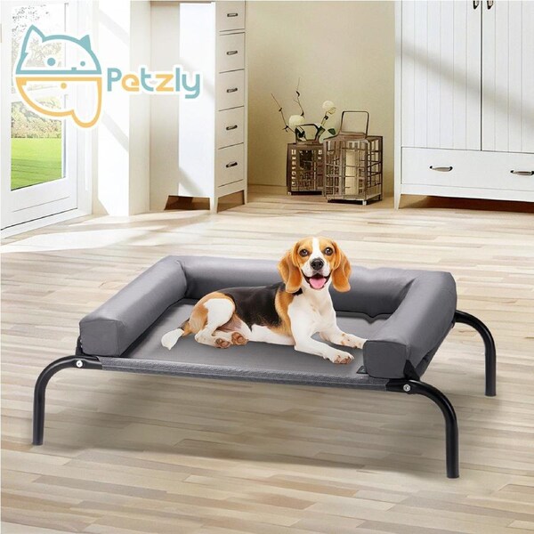 Petzly Cooling Dog Bed with Pillows for Large Dogs Washable Durable Grey Large