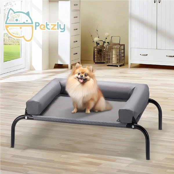 Petzly 64x88cm Elevated Trampoline Bolster Raised Pet Dog Bed Grey