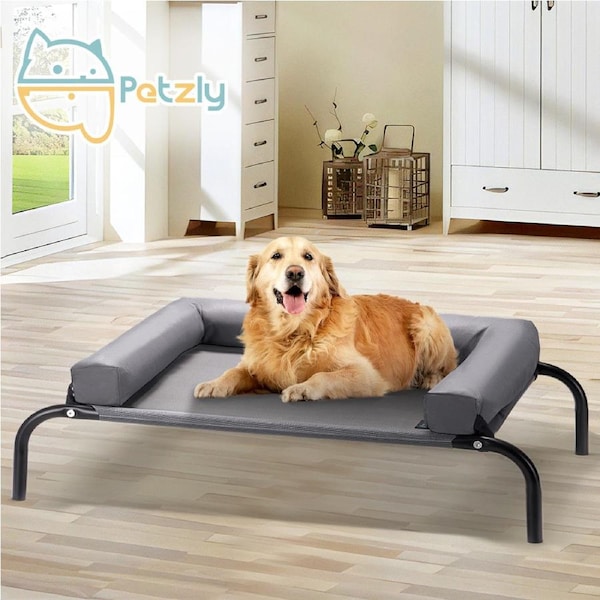 Petzly 90x123cm Elevated Trampoline Bolster Raised Pet Dog Bed Grey