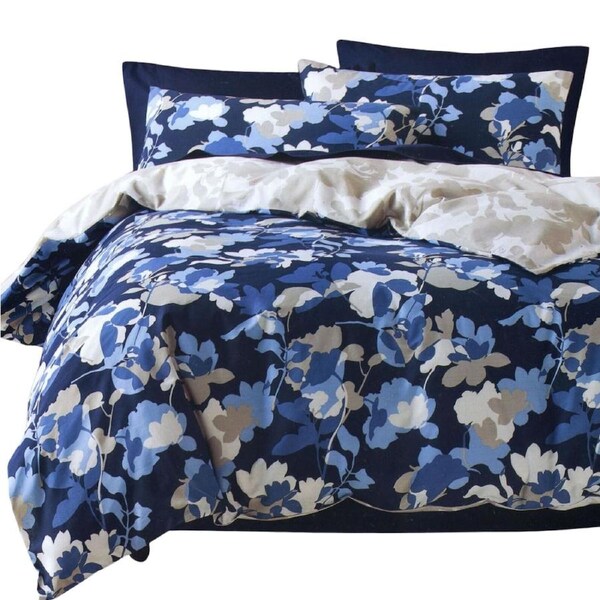 Floral Quilt Cover Set Queen Polyester Cotton Blue White Bedding Set