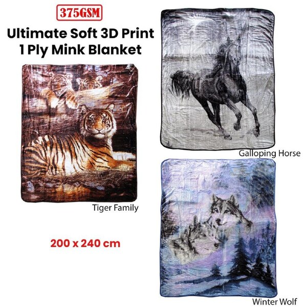 375gsm 1 Ply 3D Print Faux Mink Blanket Queen 200x240 cm Tiger Family