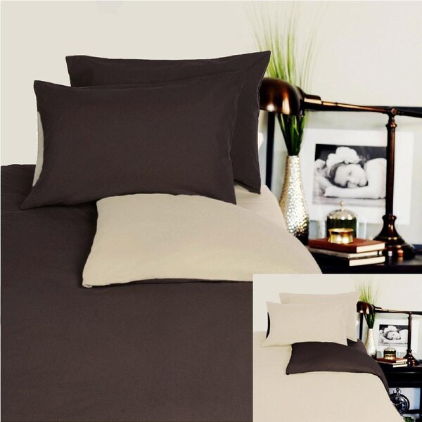 Hotel Living Reversible 100% Cotton JERSEY Quilt Cover Set Chocolate / Linen - QUEEN