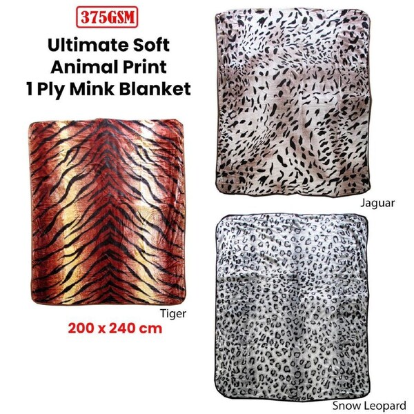375gsm 1 Ply Animal Print Faux Mink Blanket Queen 200x240 cm Snow Leopard