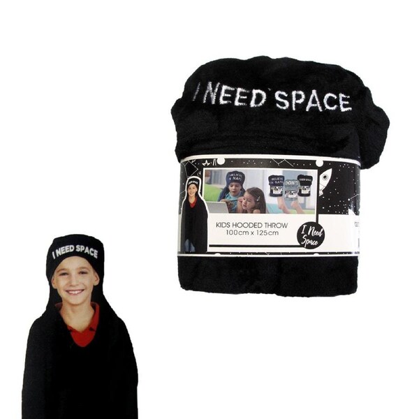 Kids Embroidered Hooded Throw Rug 100 x 125cm Black I Need Space