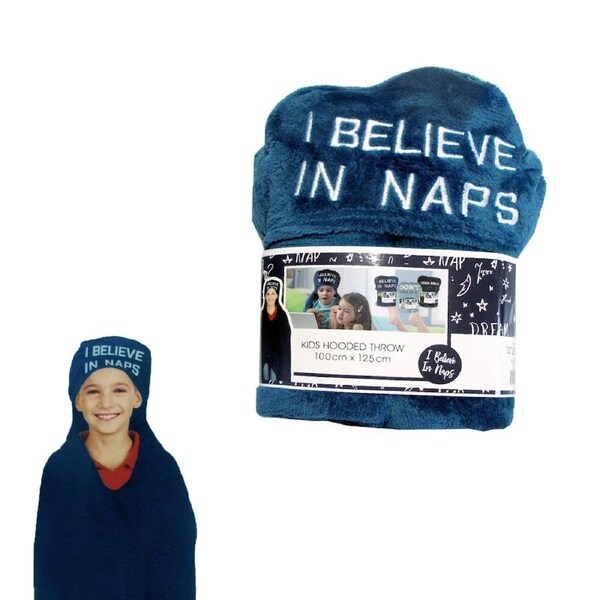 Kids Embroidered Hooded Throw Rug 100 x 125cm Blue I Believe in Naps