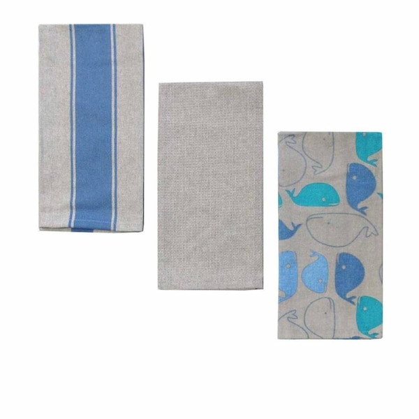 Home Oasis Set of 3 Printed Cotton Rich Tea Towels 50 x 70 cm Whale Grey