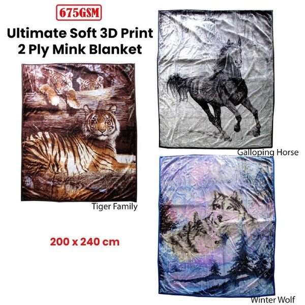 675gsm 2 Ply 3D Print Faux Mink Blanket Queen 200x240 cm Galloping Horse