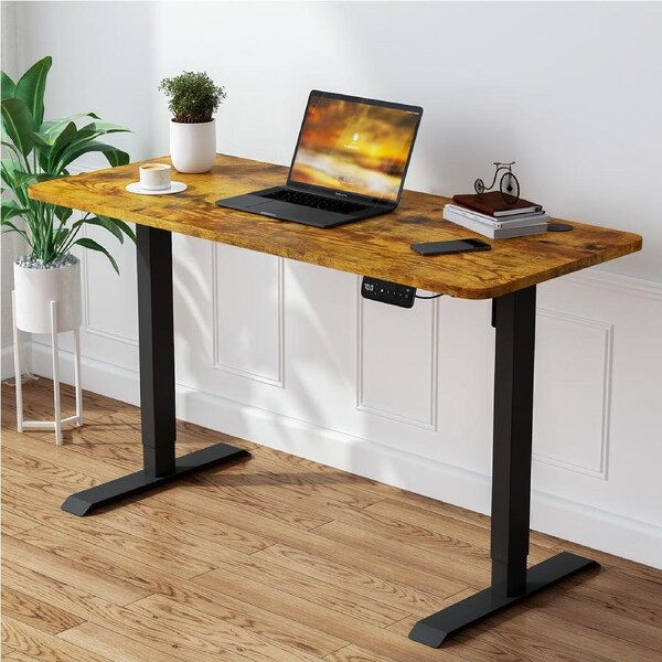 Advwin Electric Standing Desk Adjustable Height Sit Stand up Desk 120cm Rustic Brown Splice Board Table Top+Black Frame