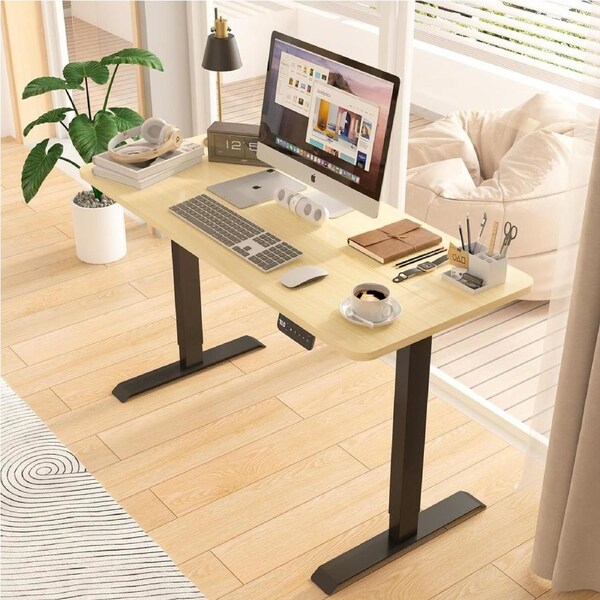 Advwin Electric Standing Desk Adjustable Height Sit Stand up Desk 120cm Oak Splice Board Table Top+Black Frame
