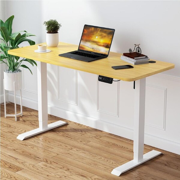 Advwin Electric Standing Desk Adjustable Height Sit Stand up Desk 120cm Oak Splice Board Table Top+White Frame