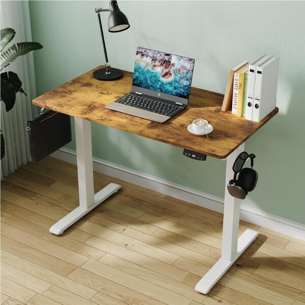 Advwin Electric Standing Desk Height Adjustable 100 x 55 cm Whole Piece Desktop White Frame+Rustic Brown Desktop
