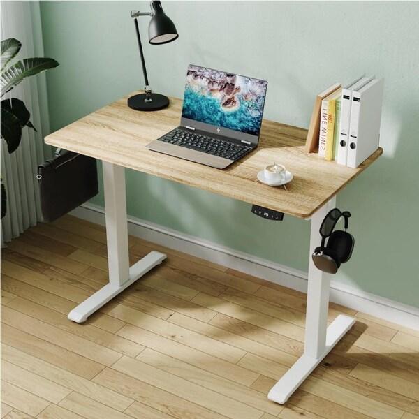 Advwin Electric Standing Desk Height Adjustable 100 x 55 cm Whole Piece Desktop White Frame+Oak Desktop
