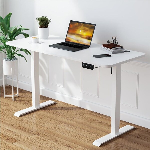 Advwin Electric Standing Desk Adjustable Height Sit Stand up Desk 120cm White Splice Board Table Top+White Frame