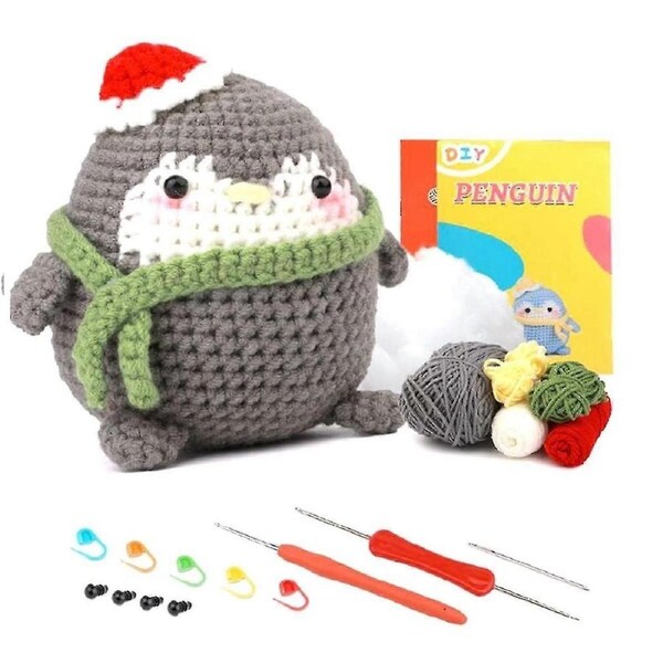 DIY Penguin Crochet Kit with Knitting Yarn Needles Plush Doll Easy(Gray)