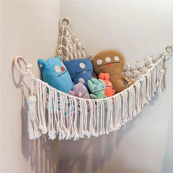 Plush Toy Storage Net Hammock Toy, Soft Toy Net Neat Storage, Hand-Woven Toy Storage Bag Made of Cotton Rope Dksfjkl