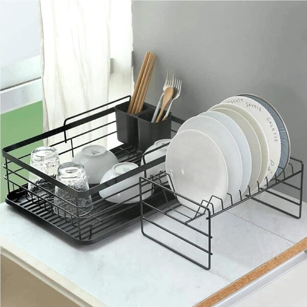 Double Tier Dish Rack Rust-Resistant Drying Stand with Drain Tray