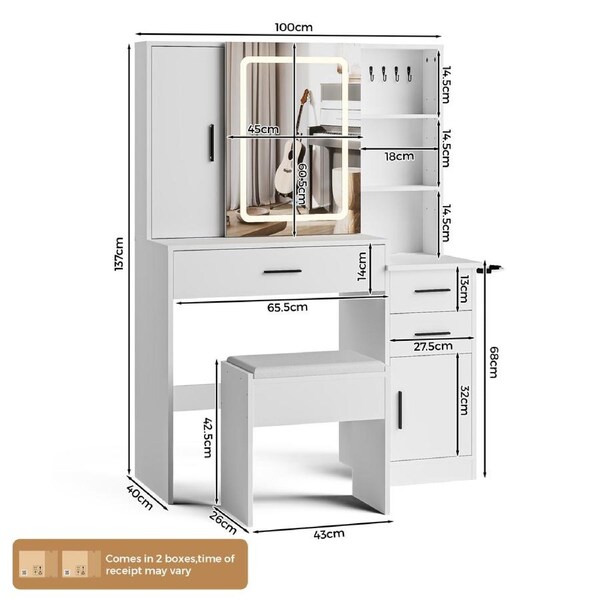 Advwin Dressing Table Stool Set LED Lights Make up Mirror Vanity Desk with Storage Drawers and Jewelry Armoire White