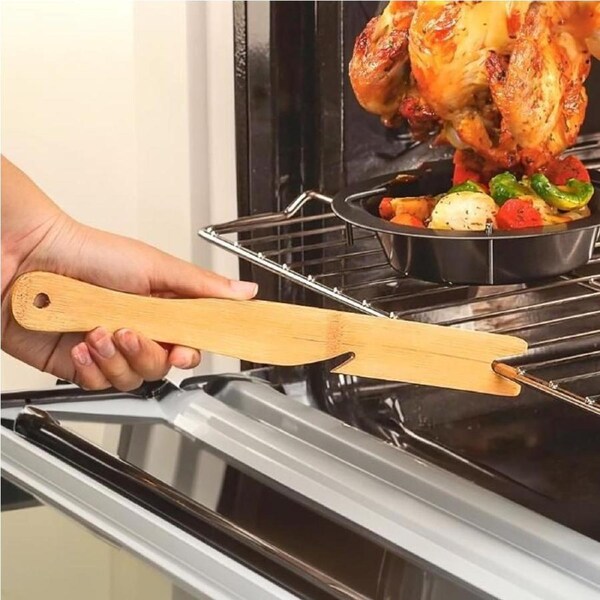 Bamboo Oven Rack Pushing Pull Tool Puller with Long Handle For Grill Toasters