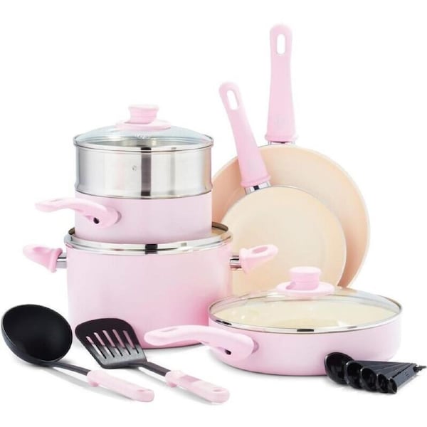 GreenLife Soft Grip Bis 12 Piece Cookware Set Quartz Pink