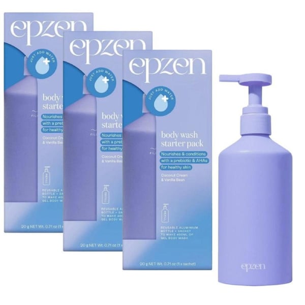 3x Epzen Body Wash Starter Pack Aluminium Bottle + 1 Refill Coconut Cream and Vanilla Bean