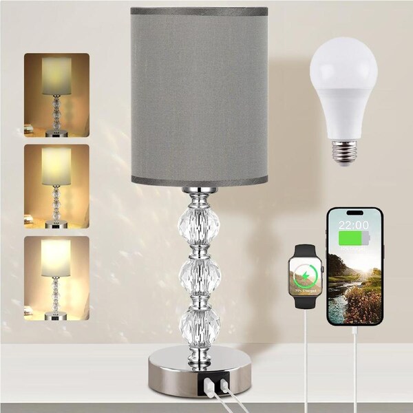 Clora 2PACK Bedside Table Lamp Touch Bedroom Crystal Nightstand USB Ports Dimmable Gray