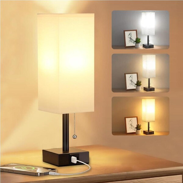Clora 2 Pack Bedside lamp Bedroom Table Light Nightstand USB Charging 3 Color Mode Home White Lampshade