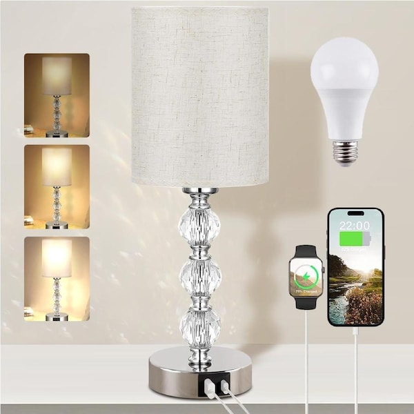 Clora Bedside Table Lamp Touch Bedroom Crystal Nightstand USB Ports Dimmable Beige