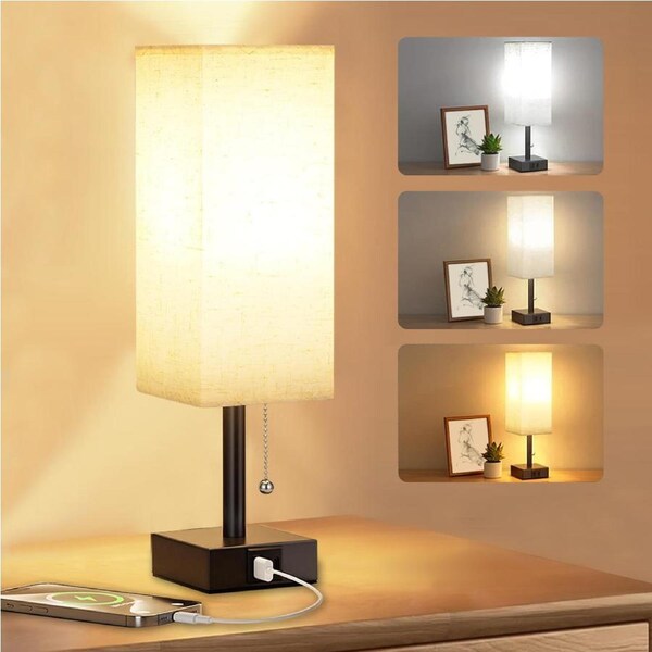Clora 2 Pack Bedside lamp Bedroom Table Light Nightstand USB Charging 3 Color Mode Home Beige Lampshade