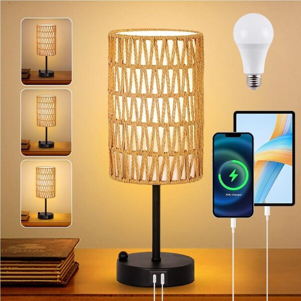Clora Bedside lamp Touch Control Ratten Table Light Boho Nightstand USB Charging