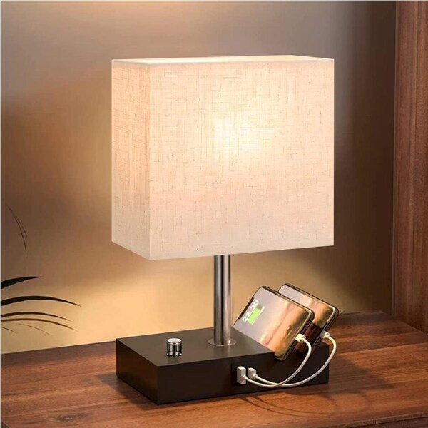CLORA Bedside Table Lamp Dimmable Nightstand Lamp with USB Ports Phone Stands BEIGE