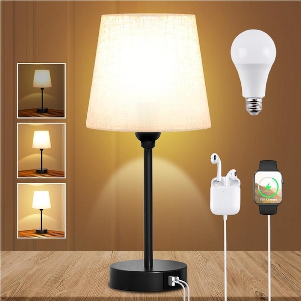 Clora Bedside lampTouch Control Table Light Nightstand USB Charging Bedroom Home Beige Lampshade