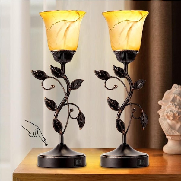 Clora 2 Pack Touch Control Table Lamp with 2 USB Charging Ports 3-Way Dimmable Bedside Nightstand Lamps Amber Glass Shade Vintage Rural Leaf Lamp for Living Room Bedroom Dresser LED Bulb Included